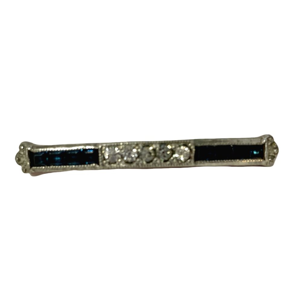 Vintage Fishson Silverite Rhinestone Bar Brooch Pretty Silvertone, blue Sapphire